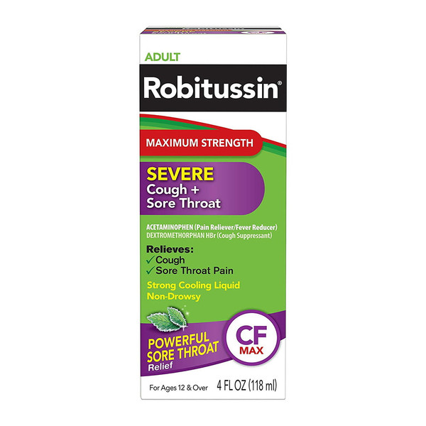 Robitussin Adult Maximum Strength Severe Cough + Sore Throat Relief Medicine, Cough Suppressant, Acetaminophen - 4 Oz
