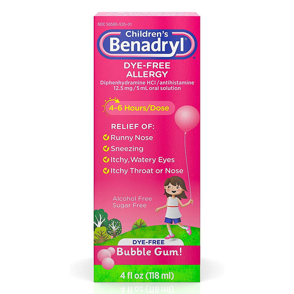 Children???ÑS Benadryl Antihistamine Allergy Relief, Dye-Free Liquid, Bubble Gum Flavored - 4 Oz