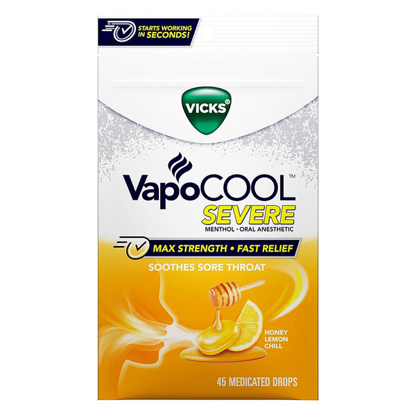 Vicks, VapoCOOL Severe Medicated Lozenges, Honey Lemon Chill, 45 Count