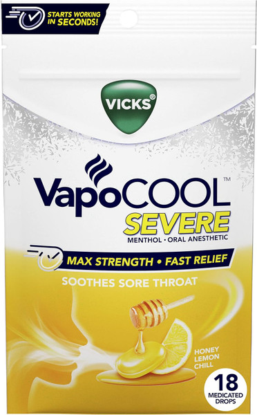 Vicks VapoCOOL Severe Medicated Sore Throat Drops, Fast-Acting Max Strength Relief, 45 ct