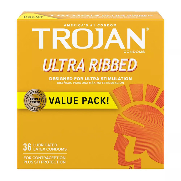 Trojan Ultra Ribbed Stimulations Premium Lubricant Latex Condoms 36 Ea