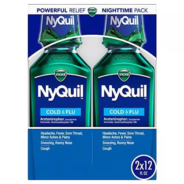 Vick Nyquil Cough Cold And Flu Nighttime Relief, Original Liquid, 2X12 Fl Oz