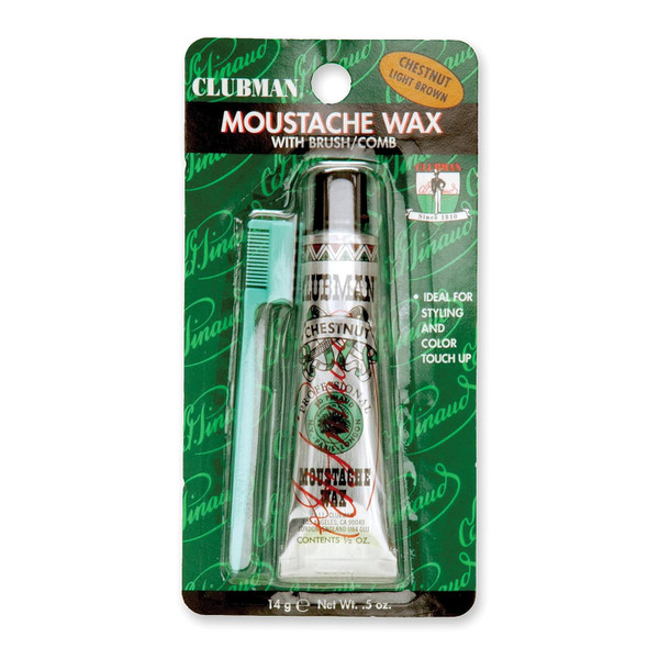 Clubman Moustache Wax with Brush/Comb - Chestnut Light Brown, Hang Pack, 0.5 oz