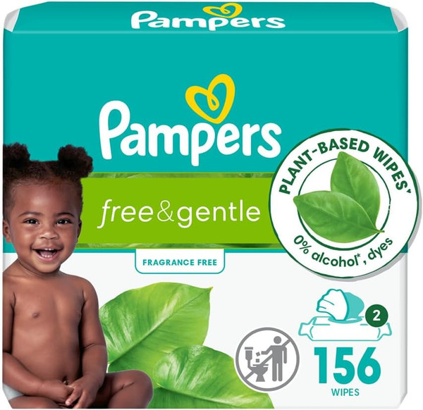Pampers Free & Gentle Baby Wipes, 99% Water, Hypoallergenic, Unscented, 156 wipes