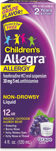 Allegra Children's 12HR Non-drowsy Antihistamine Liquid, Grape Flavor, Alcohol-Free & Dye-Free, Fexofenadine HCl, 4 oz.