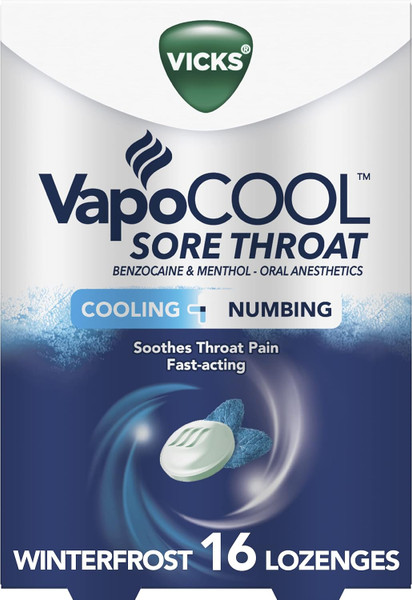 Vicks VapoCool Sore Throat Lozenge Relieves Painful Sore Throat and Mouth, Winter frost, 16 Count