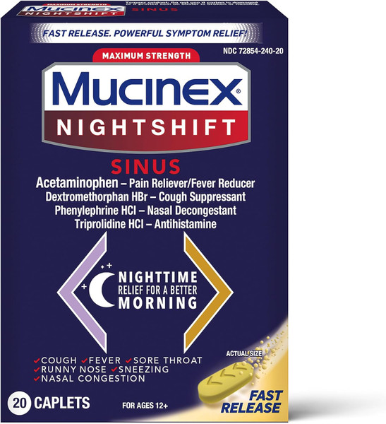 Mucinex Nightshift Sinus, Maximum Strength Powerful MultiSymptom Night Relief, 20  Caplets Pain