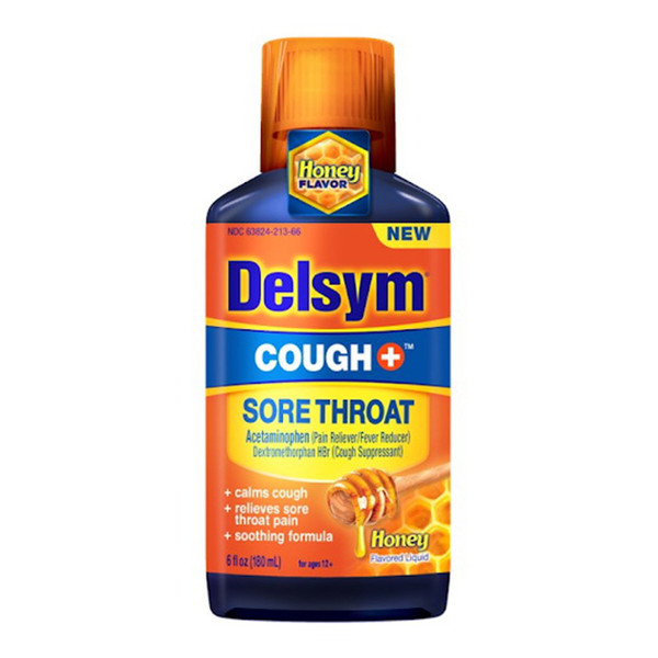 Delsym Cough Plus Sore Throat Honey Flavored Liquid, 6 Oz