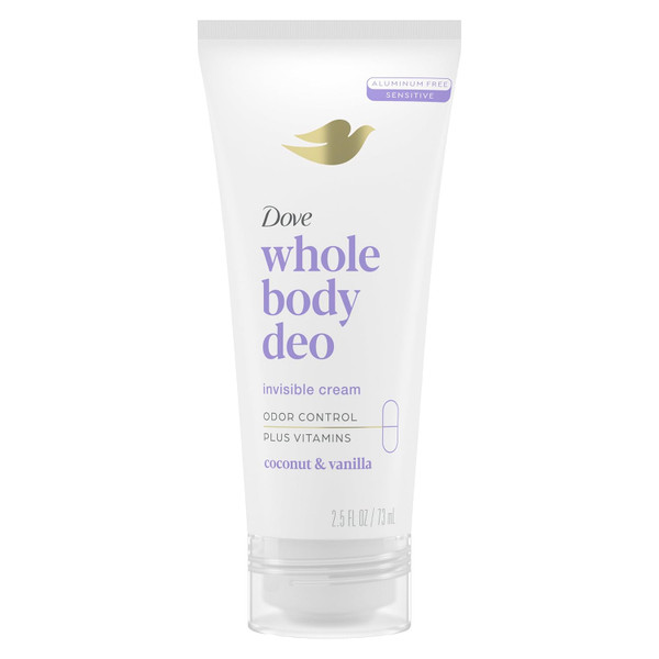 Dove Whole Body Deo Aluminum Free Invisible Cream Deodorant Coconut & Vanilla  Odor Control, 2.5 oz