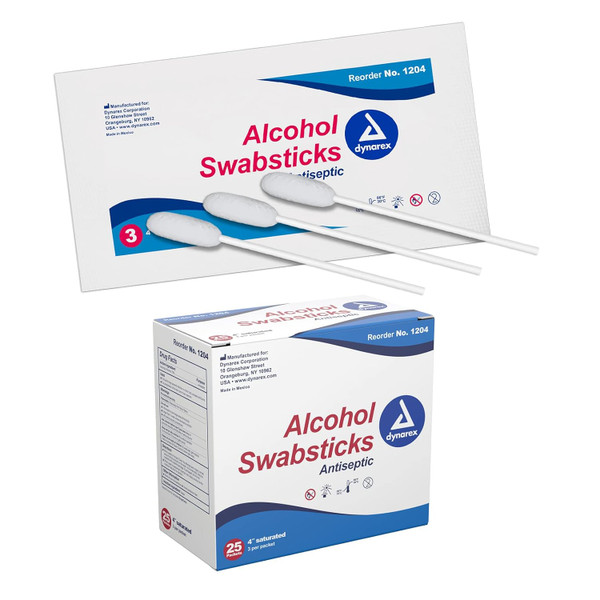 Dynarex Alcohol Swabsticks, Medical-Grade and Sanitizing, 3  Swabsticks per Packet, Box of 25 Packets