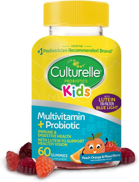 Culturelle Kids Probiotic Gummies for Ages 2+ - Peach-Orange & Mixed Berry Flavors - Digestive & Immune Support with Lutein for Eye Health, 60 Count