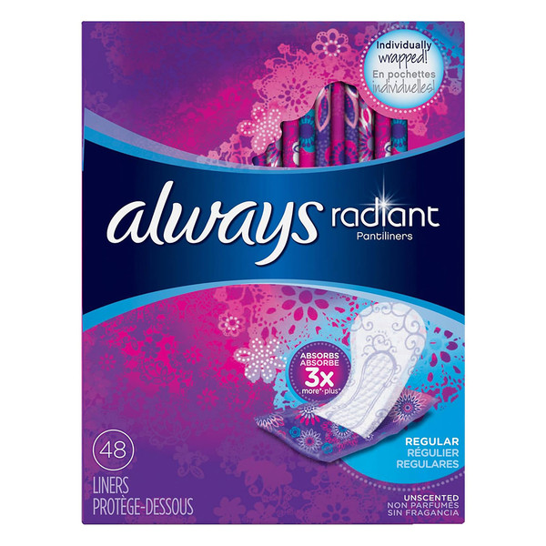 Always Radiant Daily Liners Regular, Unscented, 48 Ea