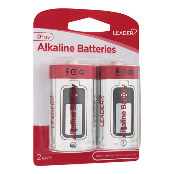 Leader Batteries Alkaline D, 1.5 Volt - 2 Ea