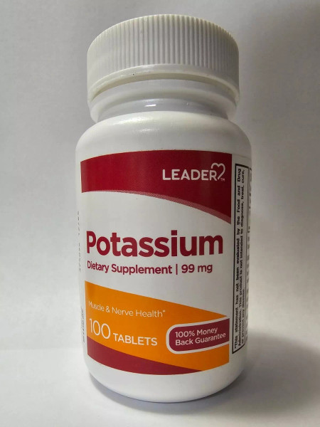 Leader Potassium 99 mg for Muscle & Nerve Health - 100 Tablets