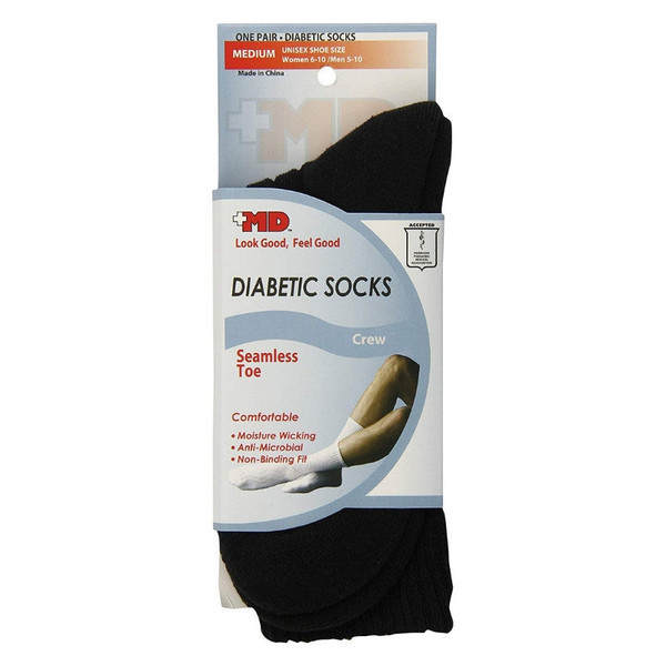 Md Usa  Seamless Toe-Wave-In Mesh Diabetic Crew Socks, Black, Medium, 1 Pair