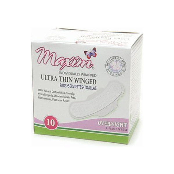 Maxim Hygiene Products Natural Ultra Thin Winged Pads, Unscented, Overnight 10 Ea