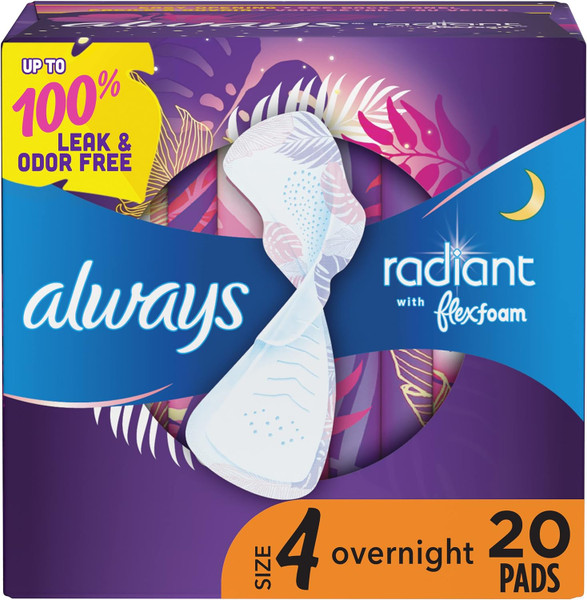 Always Radiant Pads, Size 4, Overnight Absorbency, Scented, 20 Count