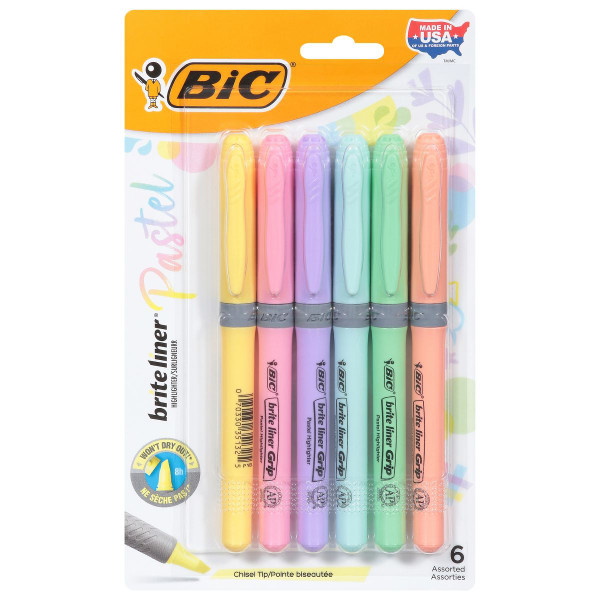 BiC Brite Liner Grip Pocket Highlighter - Assorted Pastels - 6 Count