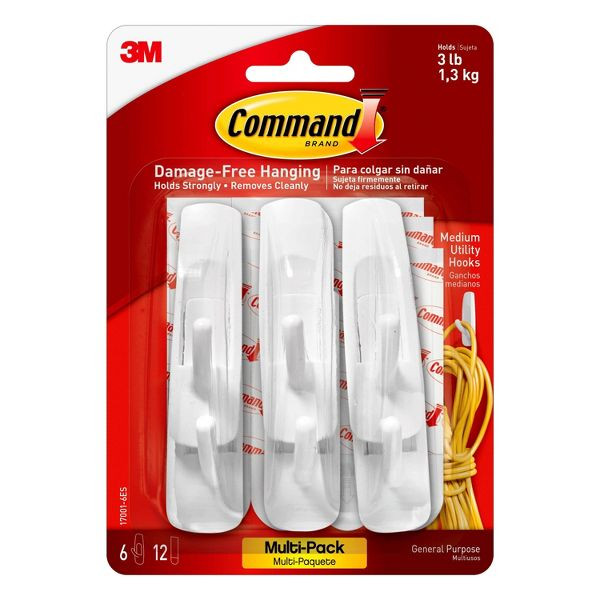 Command Medium Utility Wall Hook - White, 6 Hooks + 12 Strips - 3 Lb
