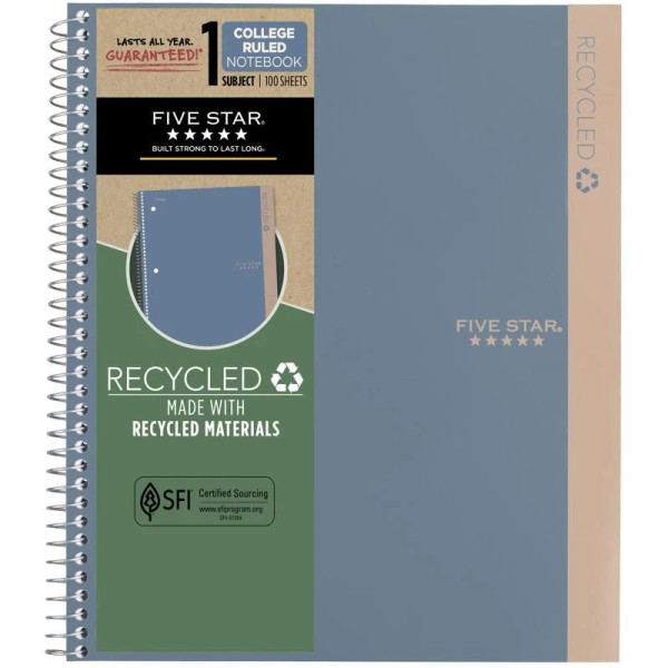 Five Star Recycled Notebook - 9.75 W X 11 L College Ruled Spiral Assorted - 1 Ct