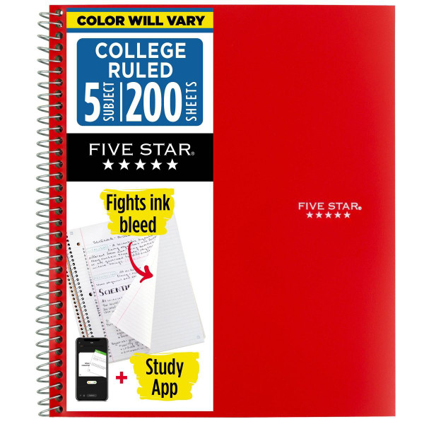 Five Star 5 Subject College Ruled Spiral Notebook - 200 Pages