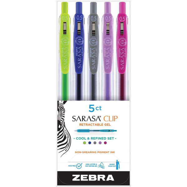 Zebra Sarasa Clip 0.5mm Fine Point Gel Ink Pens Cool & Refined Set, Assorted Colors - 5 Ct