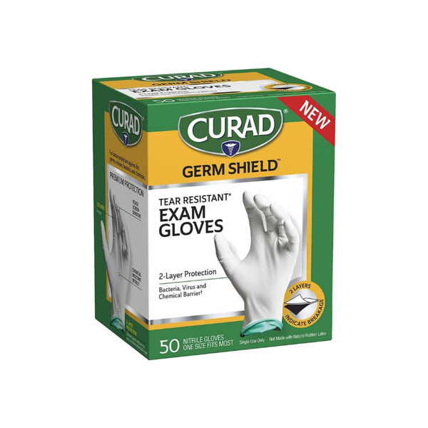 Curad Germ Shield Nitrile Exam Gloves, Disposable Gloves Are Tear Resistant, One Size Fits Most 50 Ea