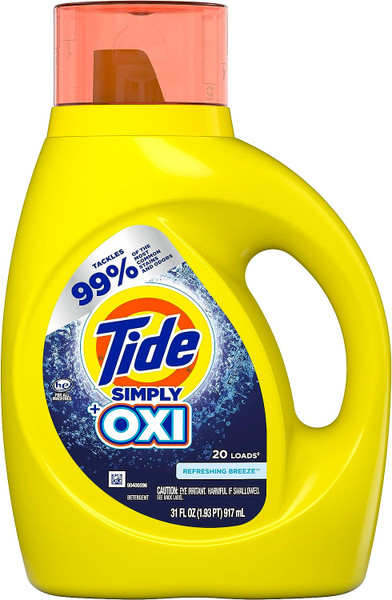 Tide Simply +Oxi Liquid Laundry Detergent, Refreshing Breeze, 20 Loads 31 Fl Oz