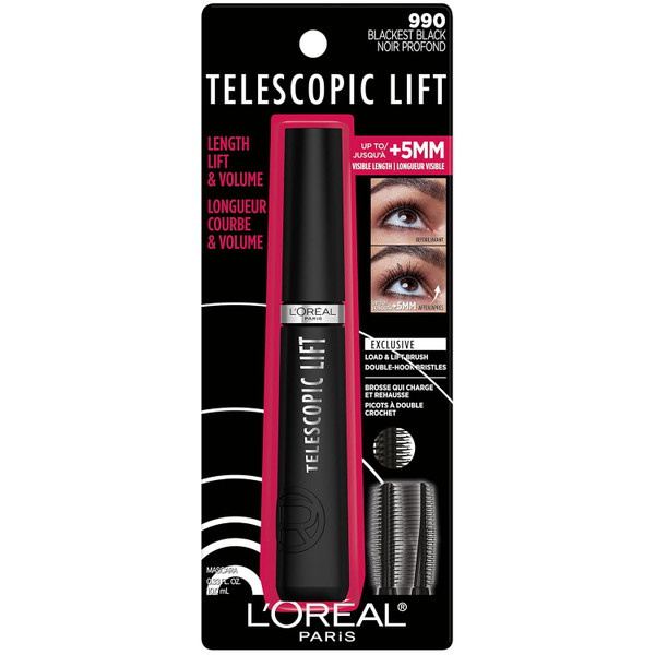 L'Oreal Paris Telescopic Lift Washable Makeup Mascara, 36HR Wear, Blackest Black - 0.33 fl oz