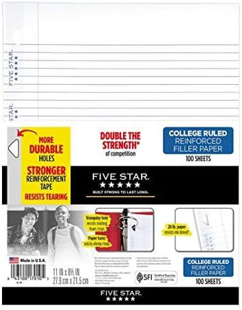 Five Star Reinforced Filler Paper, College Rule, 11 x 8 1/2, White - 100 Sheets