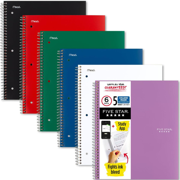 Five Star 5 Subject College Ruled Notebook Assorted Colors, 11 x 8 1/2 - 6 Pack