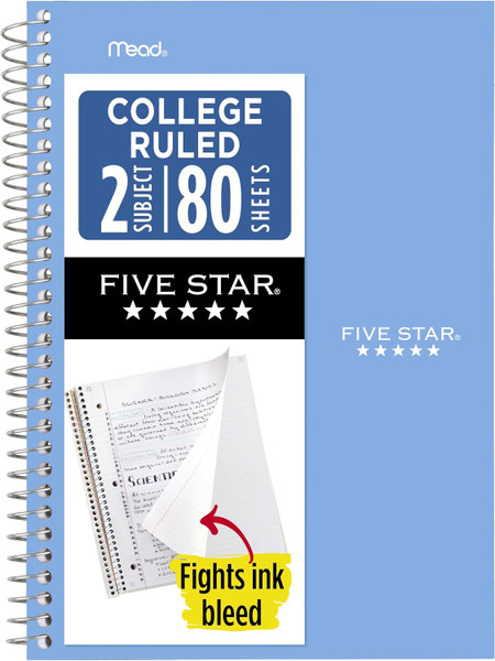Five Star 2 Subject College Ruled Notebook Assorted, 9.5 x 6 - 80 Sheets