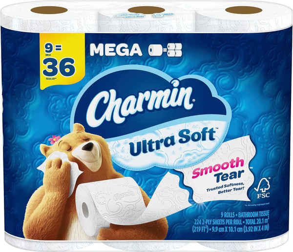 Charmin Ultra Soft Toilet Paper 9 Mega Rolls, 224 Sheets Per Roll