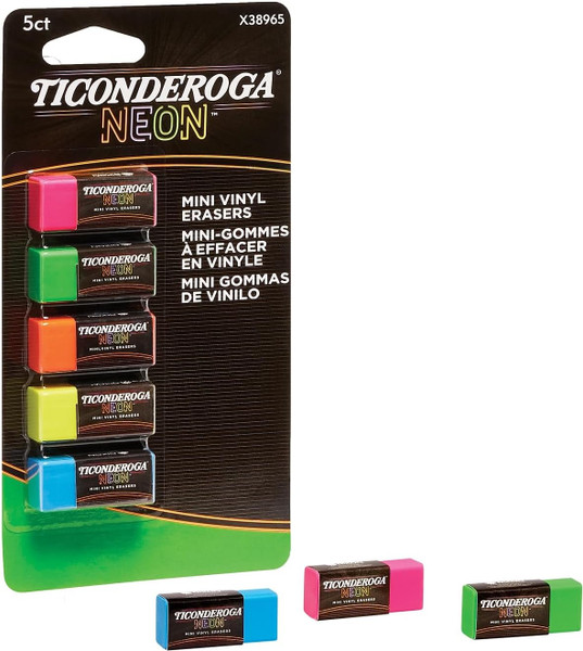 Ticonderoga Mini Block Shaped Vinyl Erasers, Neon Assorted - 5 Ct