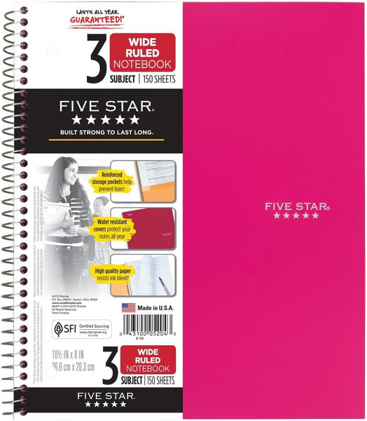 Five Star Spiral Notebook, 3 Subject - 1 Ct