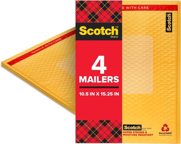 Scotch Plastic Bubble Mailer Yellow - Size 5, 10.5 x 15.25 -  4 count