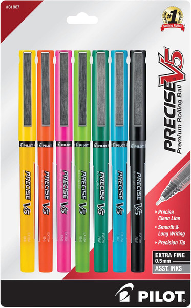 Pilot Precise V5 Rolling Ball Stick Pens, Extra Fine Point (0.5mm), Assorted Colors - 7 Count