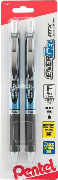 Pentel EnerGel RTX Retractable Liquid Gel Pen, (0.5mm) Needle Tip, Fine Line, Black Ink - 2 Ct