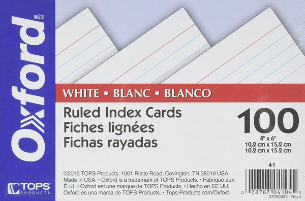 Oxford Ruled Index Cards, 4 x 6, White - 100 Per Pack