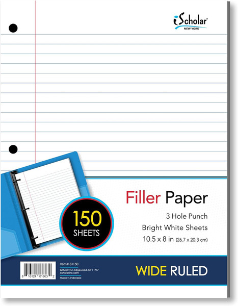 iScholar Wide Ruled Filler Paper 10.5 x 8 - 150 Sheets