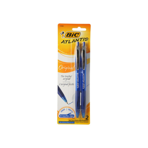 Bic Atlantis Retractable Medium Ballpoint Pen, Blue Ink 2 Ea