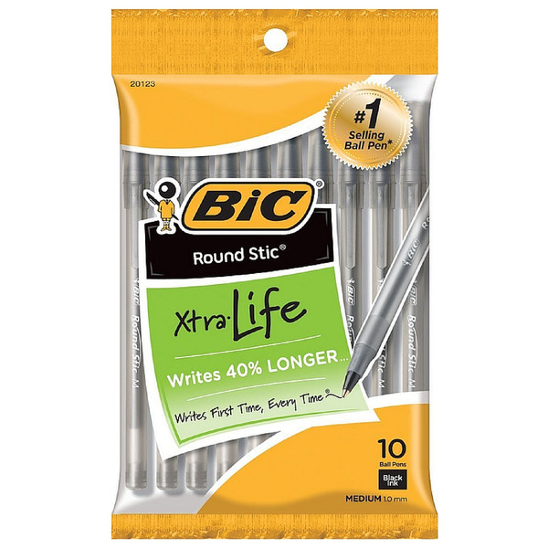Bic Round Stic Xtra Life Medium Ballpoint Pen, Black Ink 10 Ea