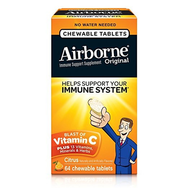 Airborne Chewable Vitamin C 1000Mg Immune Support Supplement Tablets, Citrus, 64 Ct