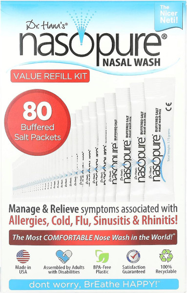 Nasopure Nasal Wash, Value Refill Kit, Âthe Nicer Neti Potâ Sinus Wash Kit, Comfortable Nasal Rinse 80 Salt Packets