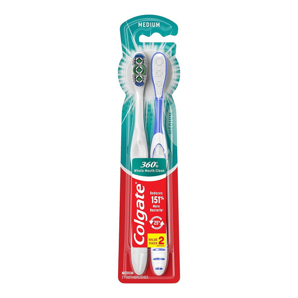 Colgate 360?é?? Toothbrush With Tongue And Cheek Cleaner, Medium - 2 Count
