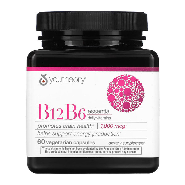 Youtheory, B12 B6 Essential Daily Vitamins 60 Vegetarian Capsules, 1 Each, 60 Ct