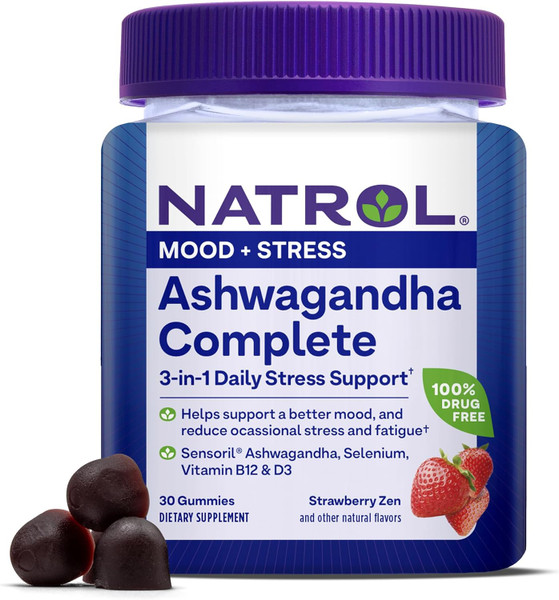 Natrol Ashwagandha Complete, 3-In-1 Daily Stress Support Gummies, Stress And Mood Support Supplement, 30 Ct