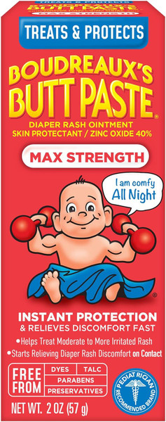 Boudreaux'S Butt Paste Maximum Strength Diaper Rash Cream, Ointment For Baby, 2 Oz Tube