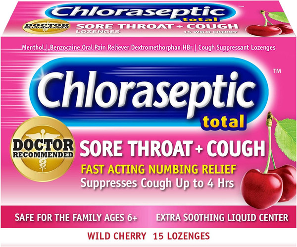 Chloraseptic Total Sore Throat + Cough Lozenges, Wild Cherry, 15 Count