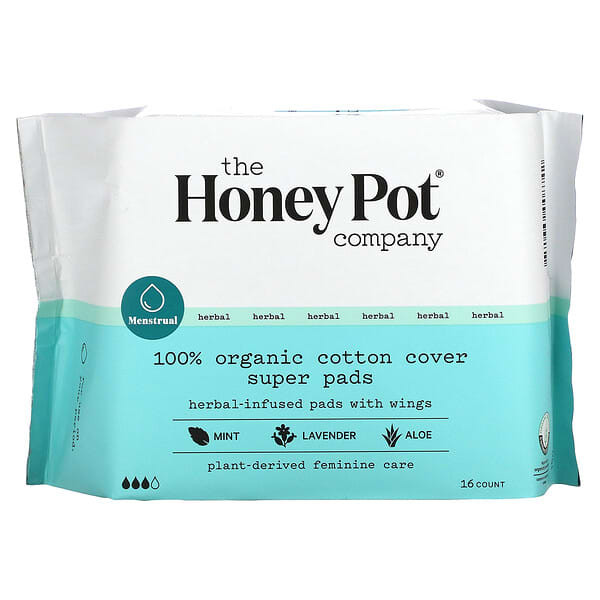 The Honey Pot Company, Organic Super Herbal-Infused Pads With Wings, 16 Count